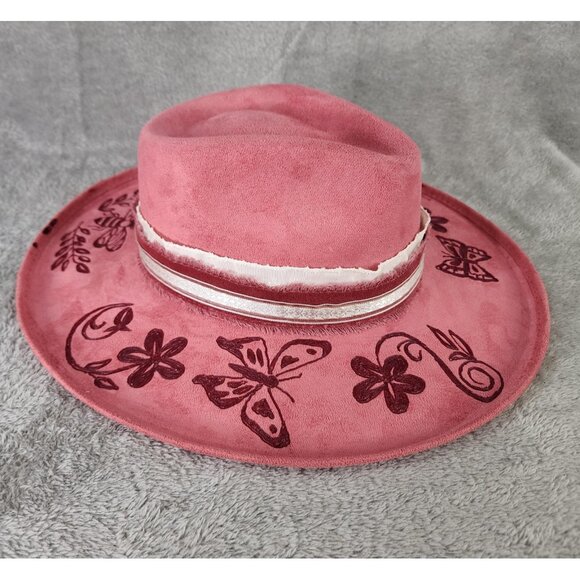 Womens Cowgirl Hat Medium Pink Felt Butterfly Bee Floral Burnt Painted Western - Picture 3 of 14